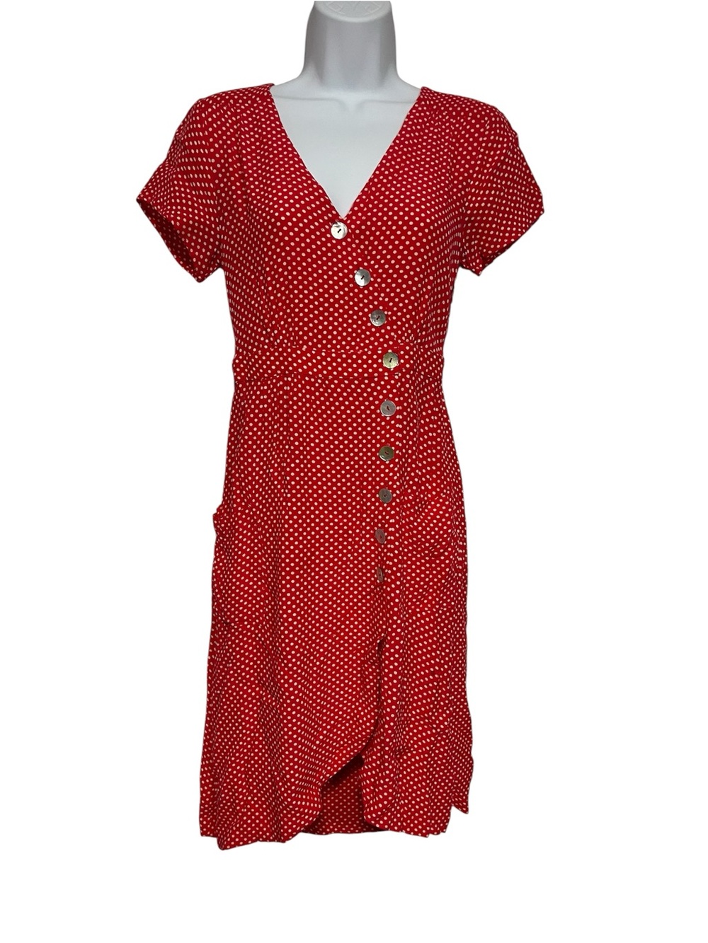 Maeve by Anthropologie Red Polka Dot Button Front Midi Dress Size 2 Ruffle Hem - Picture 1 of 10